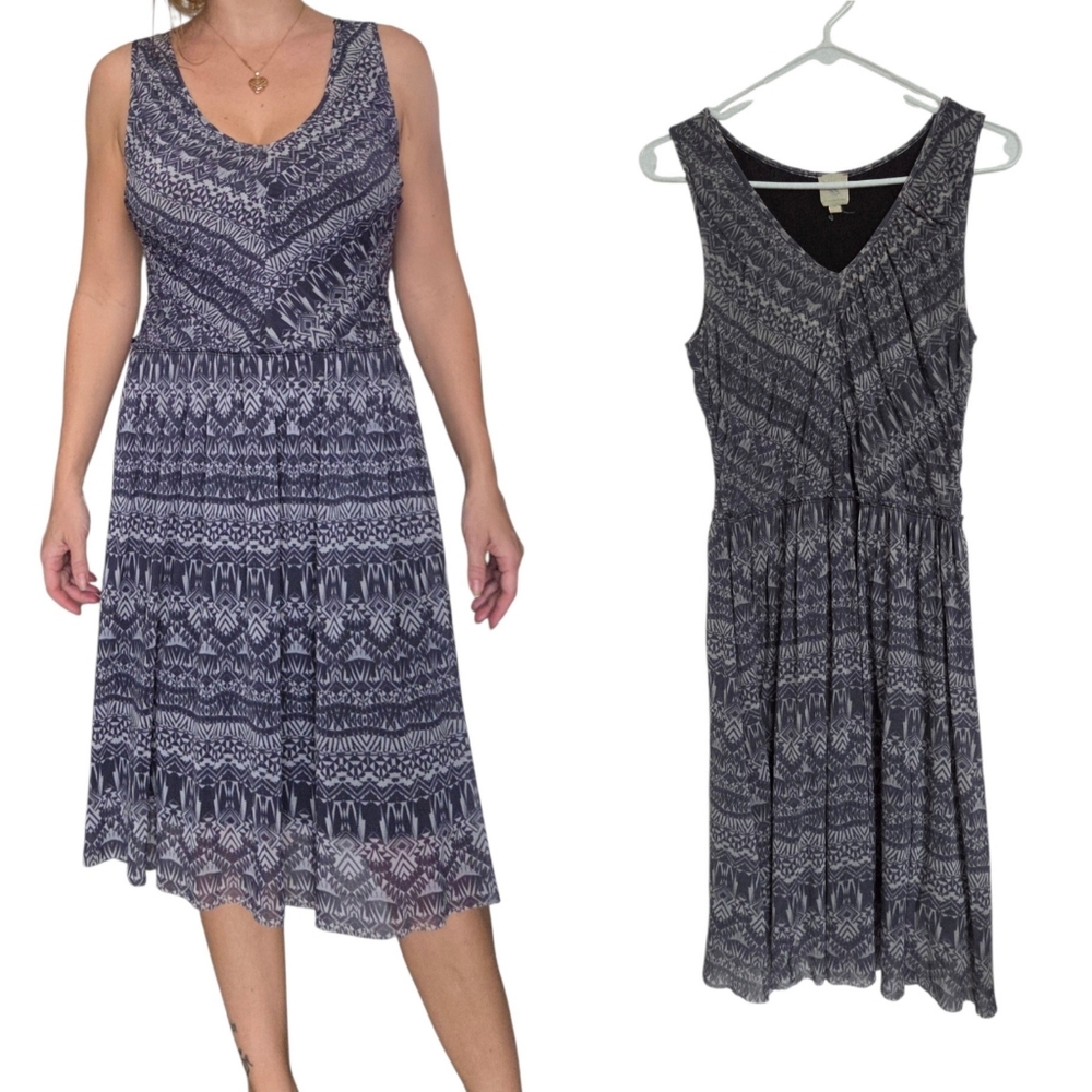 Anthropologie Weston Wear Gray Tribal Print Sleeveless‎ V-Neck Midi Dress M Boho